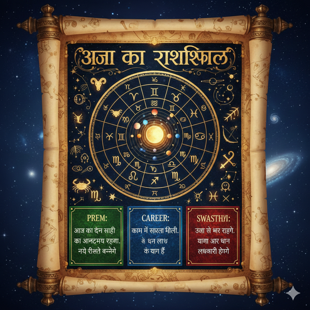 Ek purane scroll (pothi) jaisa design jispar "Aaj Ka Rashifal" likha hai. Beech mein ek zodiac wheel hai jisme saari rashiyaan aur grah dikhaye gaye hain. Neeche teen boxes hain jo Prem (Love), Career, aur Swasthya (Health) ke baare mein jaankari dete hain. Background mein gehra neela antariksh (space) aur taare hain.
