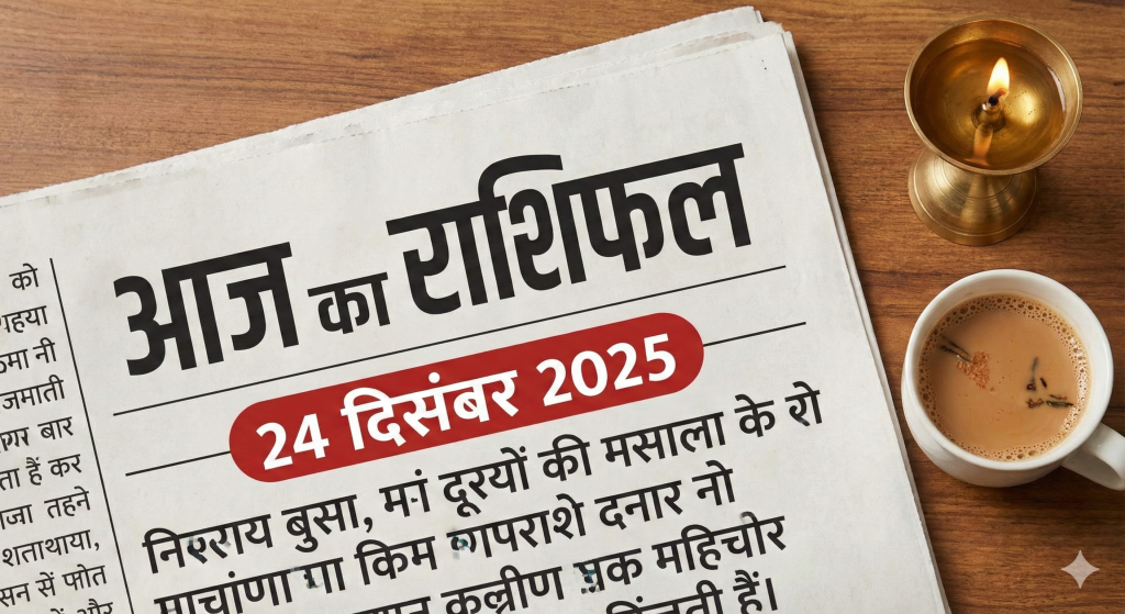 Aaj Ka Rashifal 24-12-2025 | आज का राशिफल 4 आज का राशिफल 24 दिसंबर 2025 अखबार की हेडलाइन, जलते हुए दीये और चाय के साथ।"