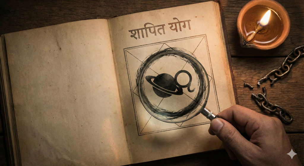 शापित योग (Shapit Yog) 7 Shapit Yog in Kundli - एक पुरानी ज्योतिष पुस्तक में 'शापित योग' लिखा हुआ, जिसमें शनि और राहु के प्रतीकों पर आवर्धक लेंस (magnifying glass) है। पास में एक जलता दीया और टूटी हुई जंजीर है, जो बंधन और मुक्ति का प्रतीक है।