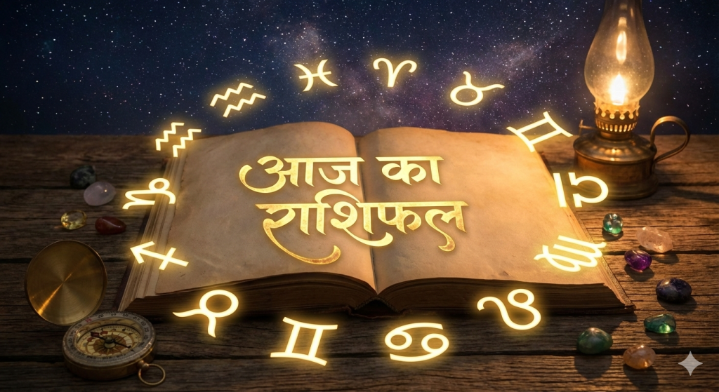 एक प्राचीन ज्योतिष किताब पर सुनहरे अक्षरों में 'आज का राशिफल' लिखा है, जिसके चारों ओर 12 राशियाँ चमक रही हैं और पास में एक जलता हुआ दीया और कंपस रखा है।