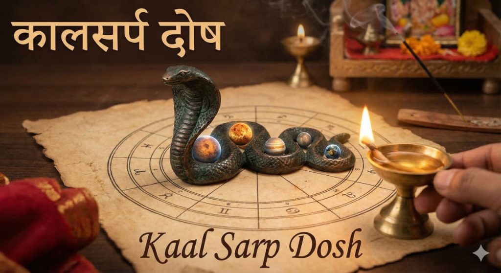 kalsarp dosh kay hai aur upay | kalsarpdosh upay (Full Guide) 3 कालसर्प दोष पूजा और निवारण का ज्योतिषीय प्रतीक - कुंडली, सांप और ग्रहों के साथ। English: Kaal Sarp Dosh puja astrological symbolism with coiled serpent, planets on chart, and lit lamp.