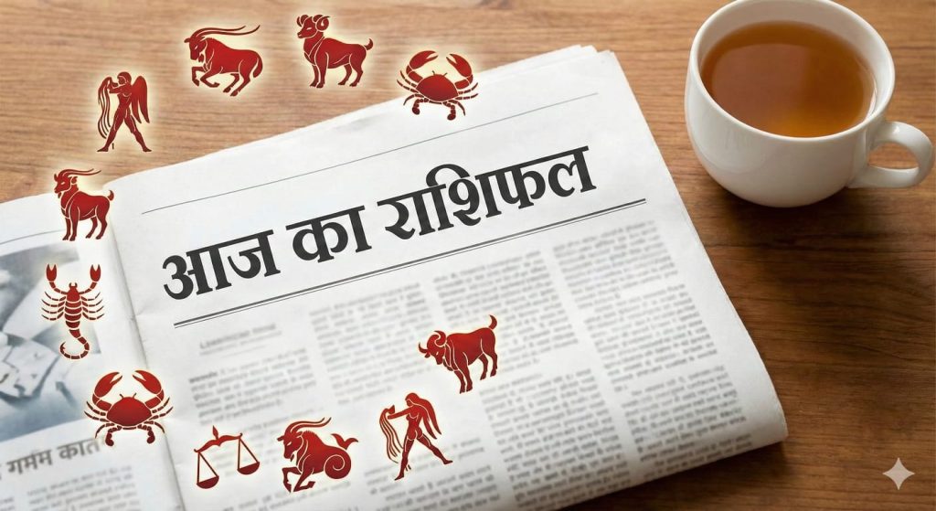 Aaj Ka Rashifal 17 December 2025: आज का राशिफल | Daily Horoscope 8 आज का राशिफल' हेडलाइन के साथ खुला अखबार और पास में रखा चाय का कप।